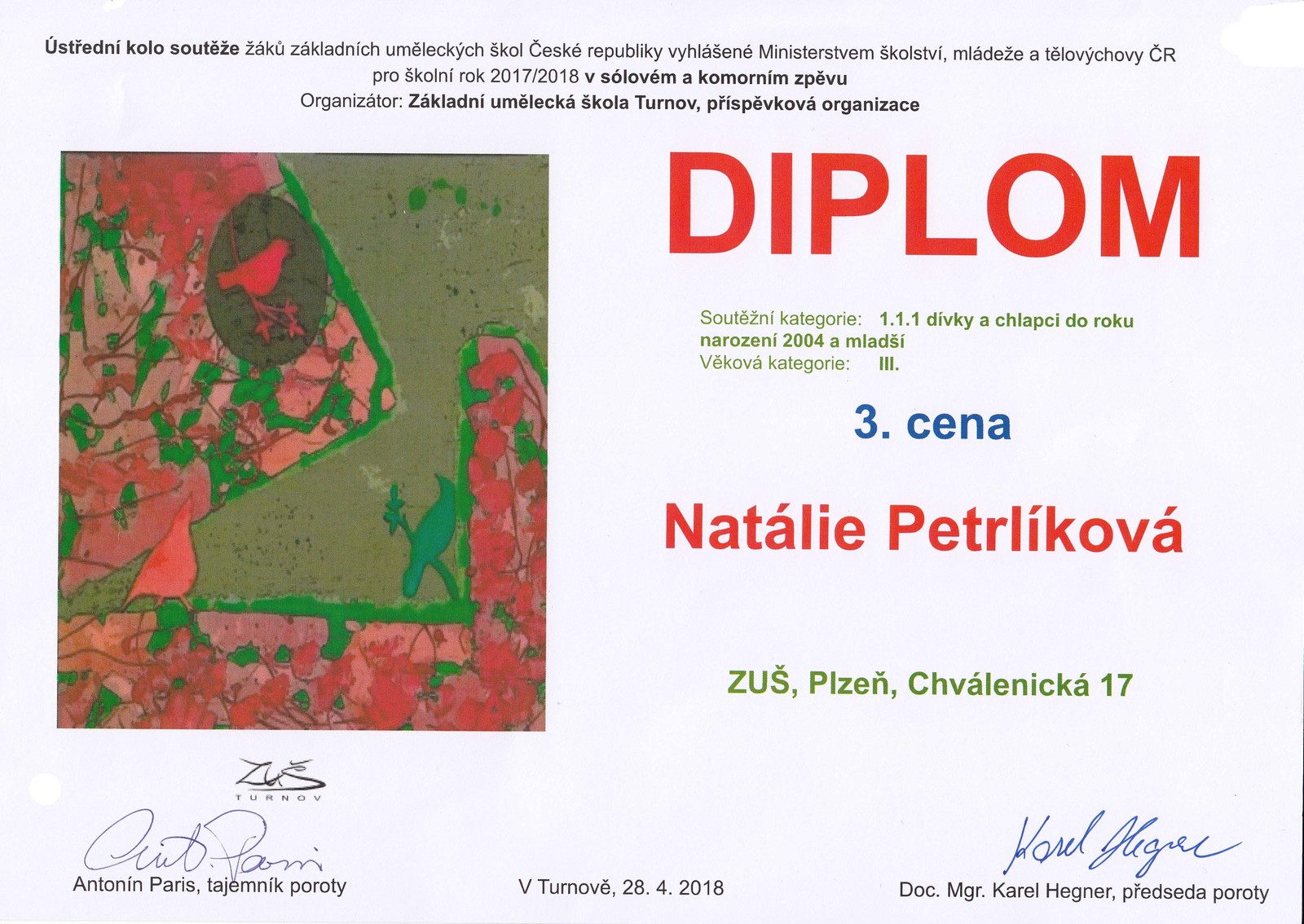 Ústřední kolo v Turnově - 28.4. 2018 - Diplom Natálie Petrlíkové